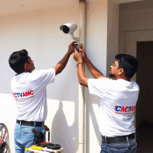 CCTV Technician from Armour Consulting LLP performing maintenance on a camera in Vashi, Navi Mumbai